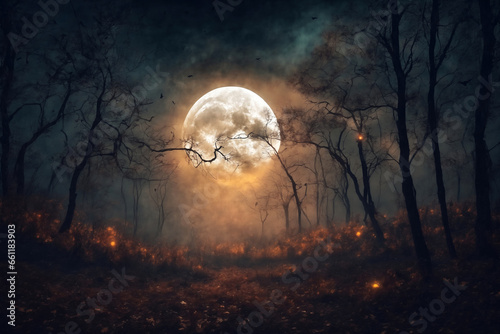 mystical forest on Halloween night, bats on the background of a big full moon in the dark sky, atmospheric and fairytale © soleg