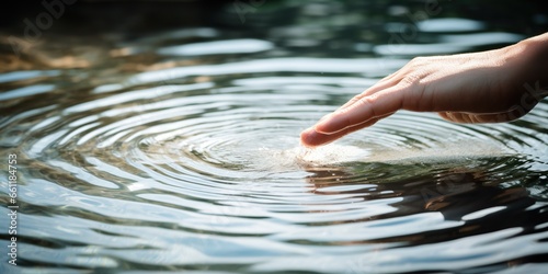 Hand gently touching the surface of a clear, still pond, capturing the ripples spreading outward, concept of Serenity