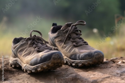 Used hiking shoes on dusty trail. Mountain adventure, outdoor trekking shoes. Generative AI