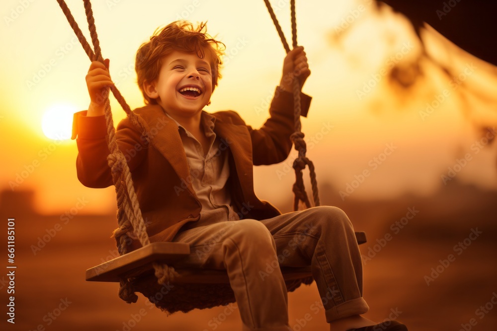Happy kid boy on a swing on the tree in a summer day. AI generated