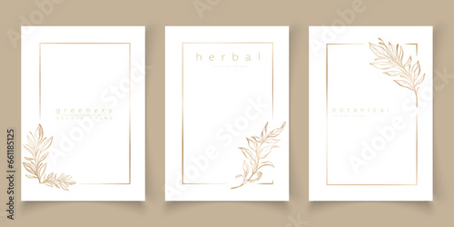 Set of frame templates in minimal linear style with hand drawn branches and leaves. Elegant frame. Botanical vector illustration for labels, corporate identity, wedding invitation, logo, save the date