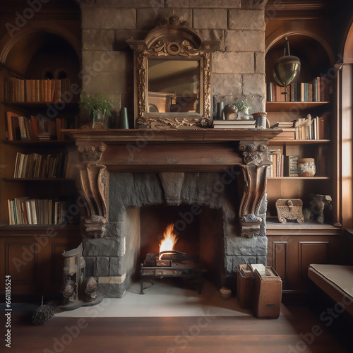 fireplace with book on the side and a mirror inn the middle © hi