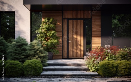 Contemporary house entrance door with a well-maintained garden and plants