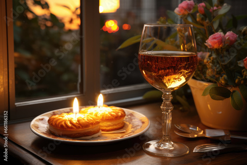 A peaceful Shabbat evening  with a lit candle and a glass of wine  welcoming the day of rest. Generative Ai.