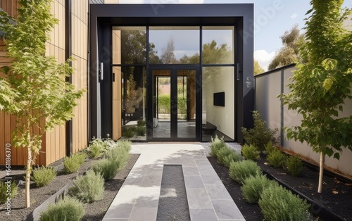 Contemporary house entrance door with a well-maintained garden and plants © piai