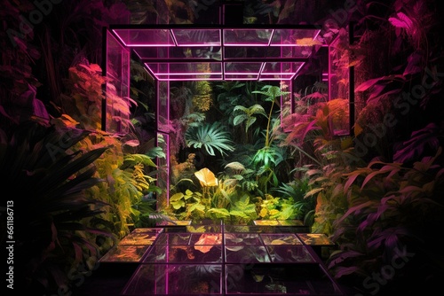 Fluorescently lit tropical plants in a jungle environment framed by neon squares. Generative AI photo