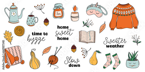 Set of cozy home theme vector illustration. Hygge, concept of Scandinavian coziness and comfortable lifestyle. Cute Autumn design elements.