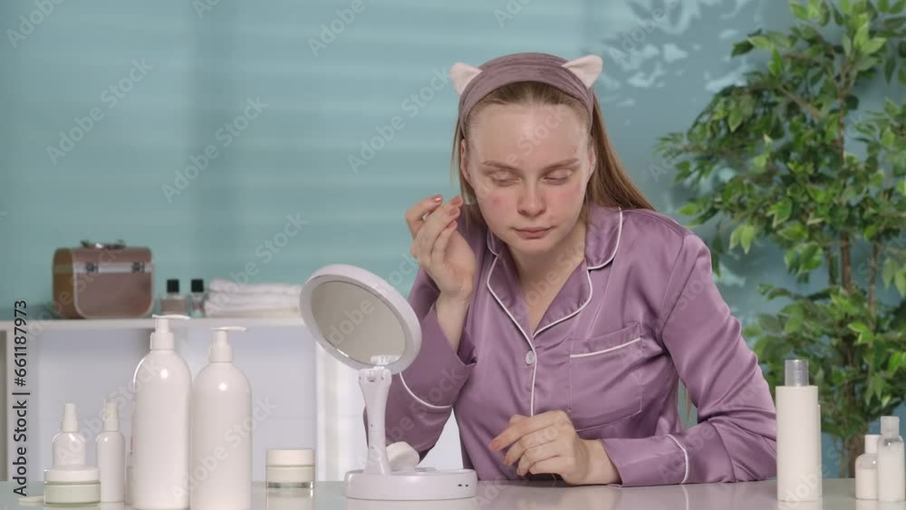 Young woman in headband squeezing out a pimple while looking in a mirror. Woman without makeup and in pajamas sitting at dressing table in the morning. Skin problem concept. Young woman in headband squeezing out a pimple while looking in a mirror. Woman without makeup and in pajamas sitting at dressing table in the morning. Skin problem concept.