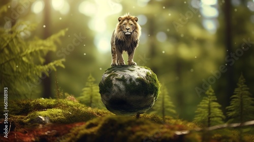 life in the Scandinavian jungle and lions  abstract, detailed, bokeh and symbolic styles. 8k, ultra HD, sharp photography. © akhmad