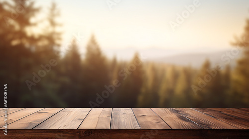 Empty wooden tabletop with blurry nature, product display background