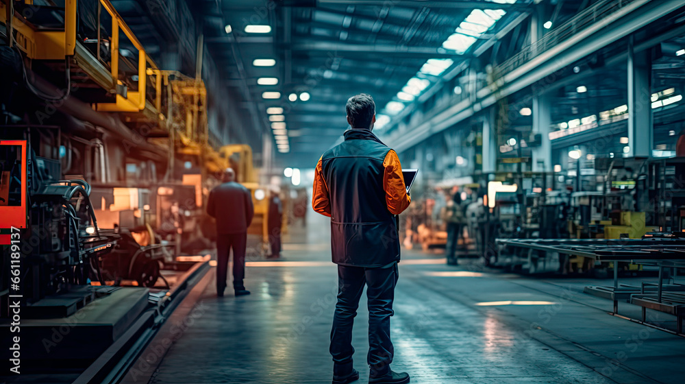 A man in a modern factory with a tablet in his hands.