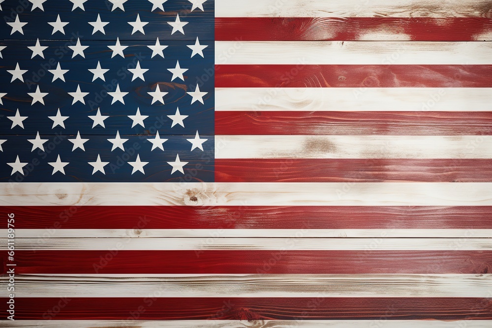 Naklejka premium American flag on bleached wooden planks, grunge vintage effect, AI Generated