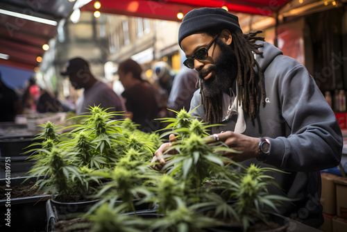 Mann bietet Cannabis Pflanzen zum Verkauf auf einem Markt an photo