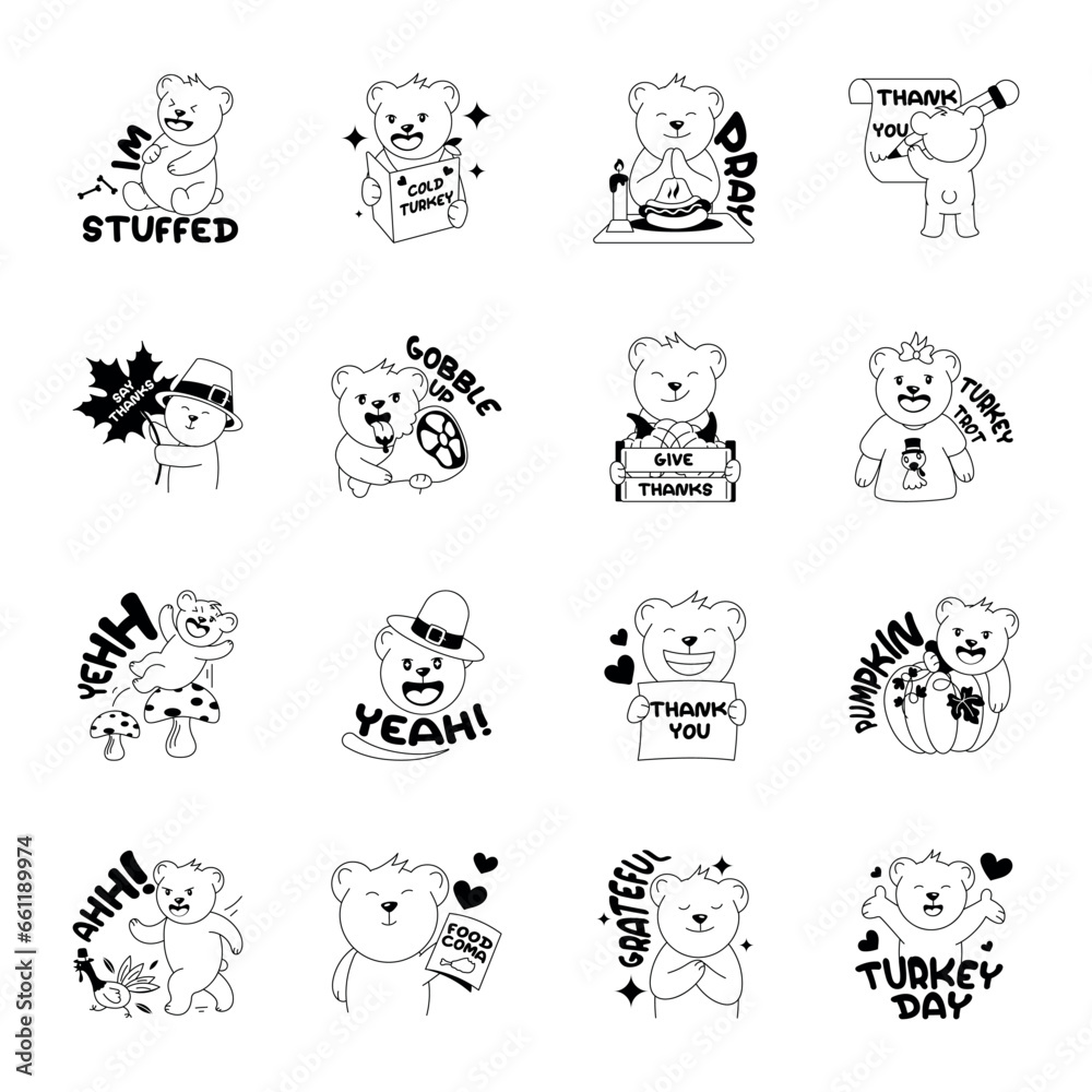 Cute Thanksgiving Celebration Bear Glyph Stickers 

