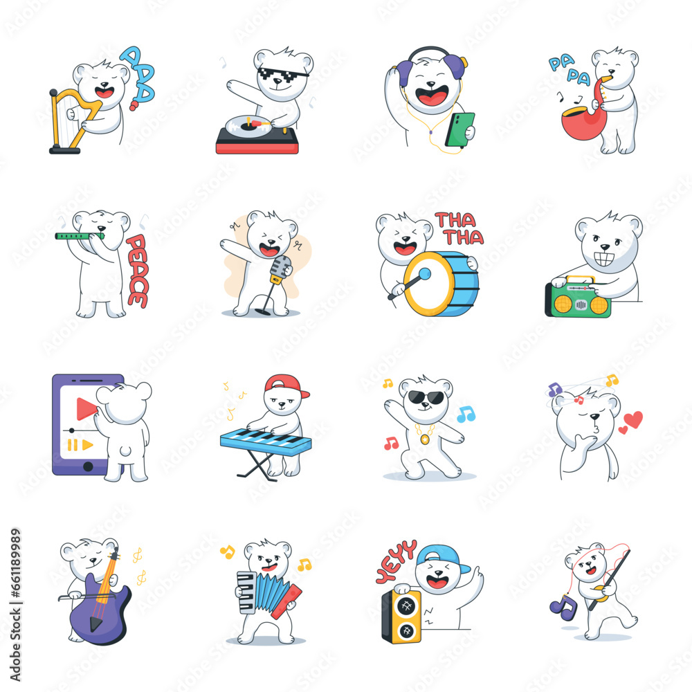 Collection of Cute Bear Music Flat Stickers 

