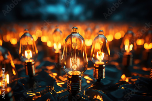 A surge of energy coursing through copper wires, illuminating a dark room with the warm glow of incandescent bulbs. Concept of electrical lighting. Generative Ai.