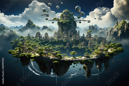 A surreal dreamscape where floating islands defy gravity, suspended in an infinite sky, inviting exploration of the imagination. Concept of dreamlike abstraction. Generative Ai. © Sebastian