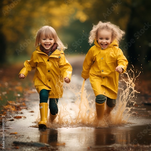 two children in yellow raincoats running through puddles in autumn, in the style of photobash photo