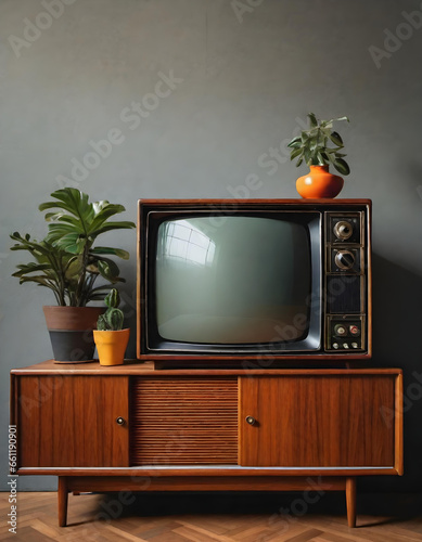 vintage 1960´s television in a living room. generative ai