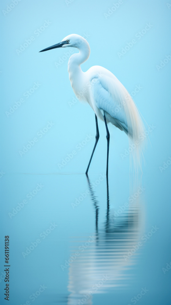 Shallow azure water reflecting a standing heron white. natural background . Shallow azure water reflecting a standing heron white. natural background .