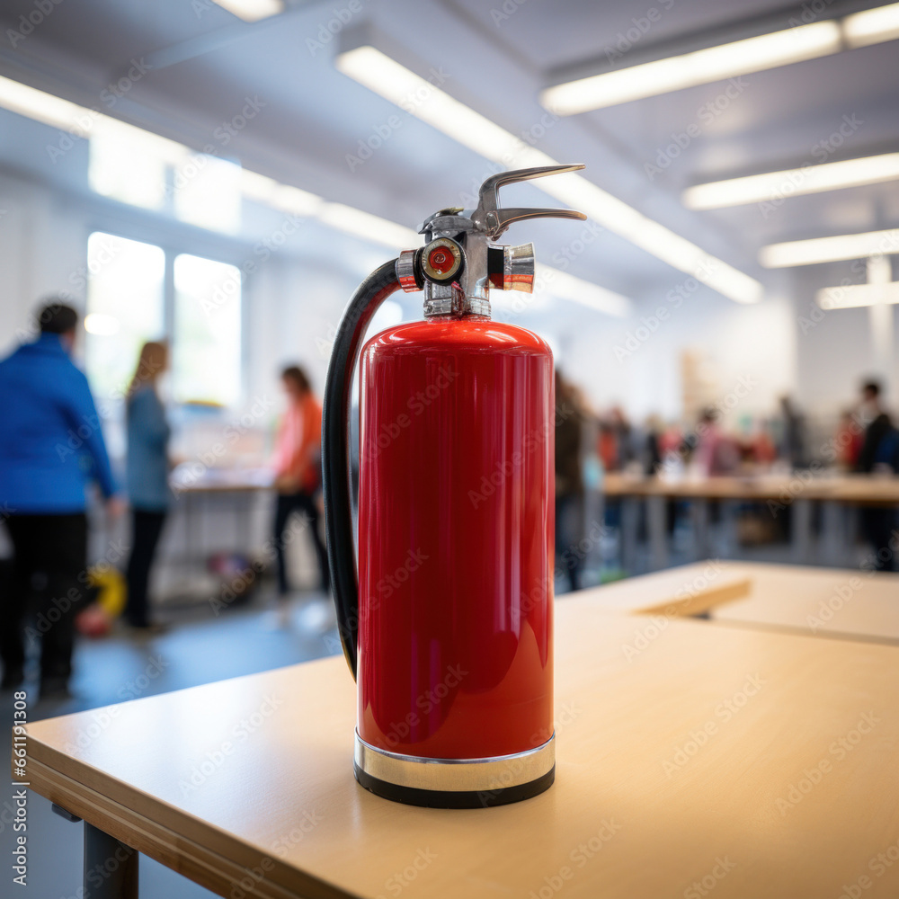 fire extinguisher on the table in an educational institution or office. Emergency equipment in case of fire fire extinguisher on the table in an educational institution or office. Emergency equipment in case of fire