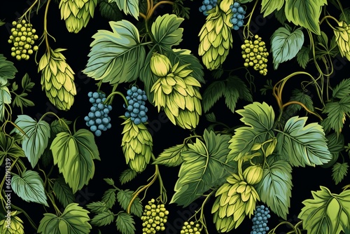 Seamless pattern with climbing plant ivy and hop, featuring handmade floral illustrations. Generative AI