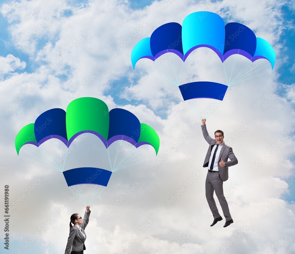 Business people falling down on parachutes Business people falling down on parachutes