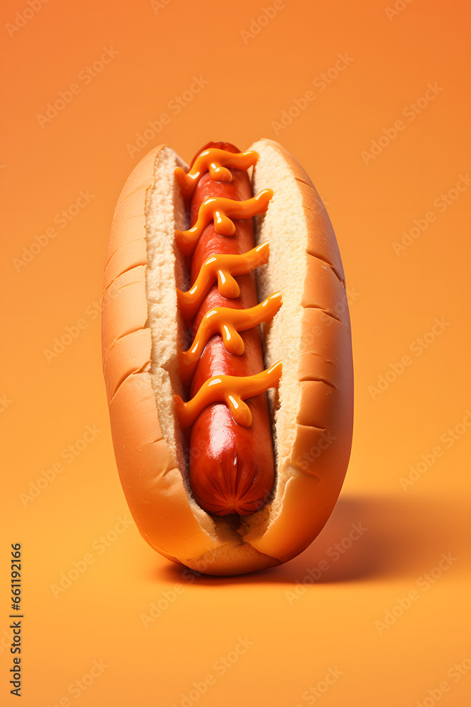 Hotdog in front of clean colored background Hotdog in front of clean colored background