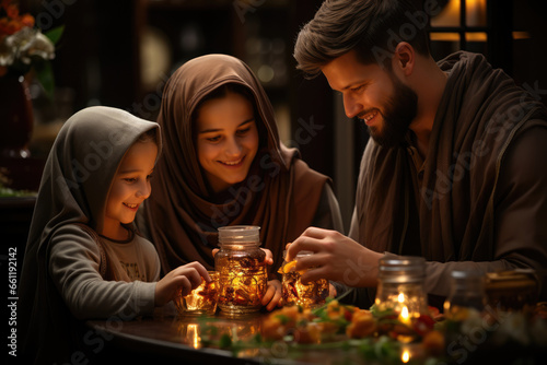 A Muslim family sharing a meal during Ramadan  emphasizing the importance of fasting and community in Islam. Concept of religious observance. Generative Ai.