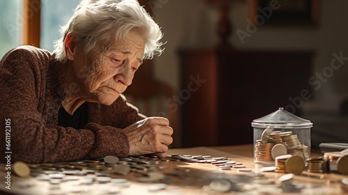 Financial problems of retirees, sad old woman worried about the future photo