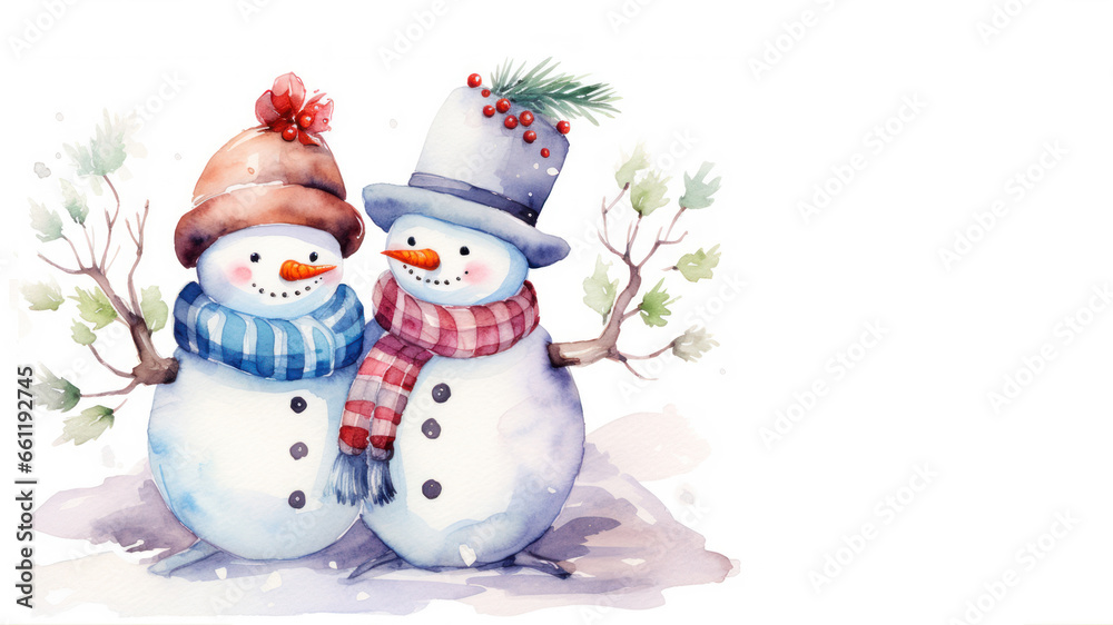 2 cute watercolor Christmas snowmen, male and female, hugging together. On white background with copy space. Couple in love. Perfect for sending heartfelt winter greetings and spreading holiday cheer.