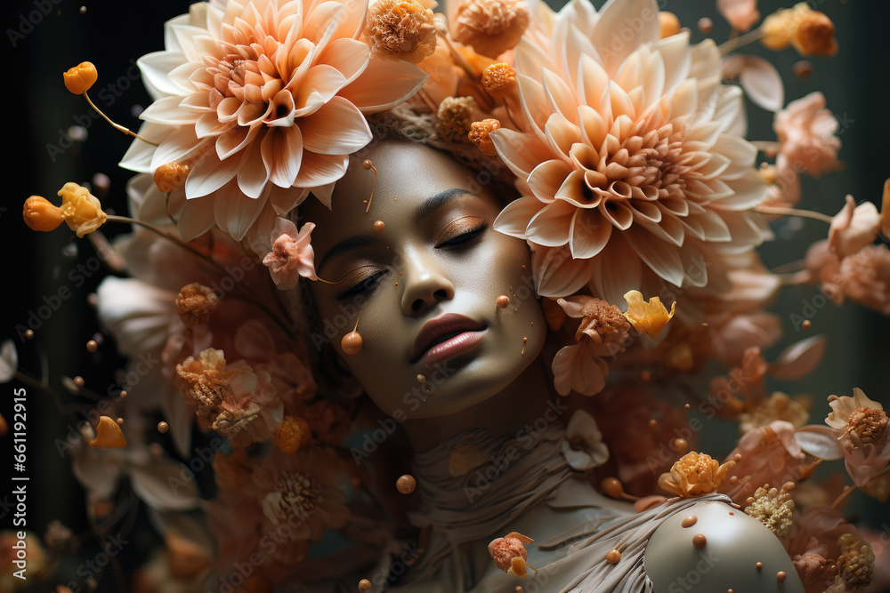 A surreal portrait of a person with their head replaced by a blooming flower, symbolizing the merging of human and nature. Concept of organic transformation. Generative Ai.