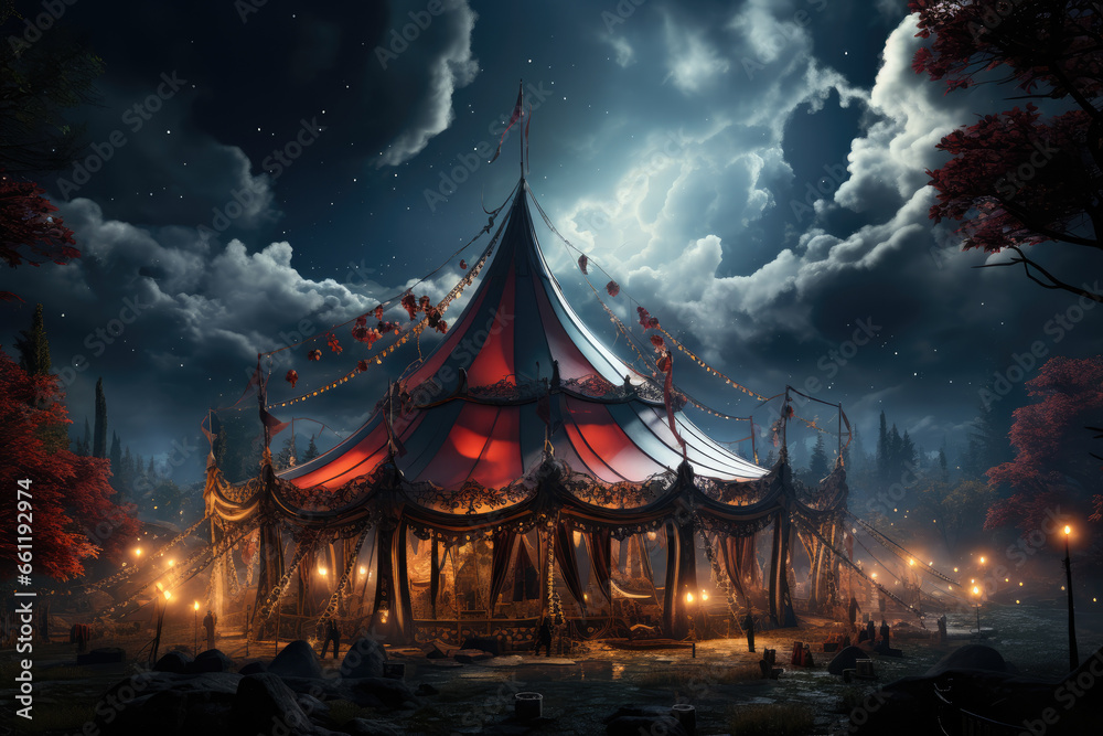 Obraz premium A surreal circus tent with acrobats performing gravity-defying stunts under a starry sky, creating a dreamlike atmosphere. Concept of whimsical entertainment. Generative Ai.