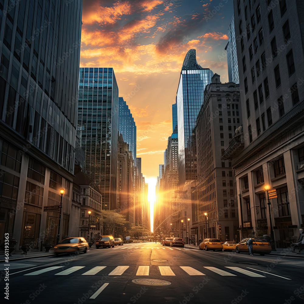Naklejka premium Golden Hour at Wall Street – A Beautiful Sunset over the Financial District