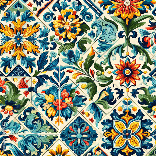 Set of patterned azulejo floor tiles. Abstract geometric background. Vector illustration, seamless mediterranean pattern. Portuguese floor tiles azulejo design. Floor cement talavera tiles collection 