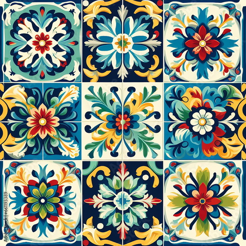 Set of patterned azulejo floor tiles. Abstract geometric background. Vector illustration, seamless mediterranean pattern. Portuguese floor tiles azulejo design. Floor cement talavera tiles collection