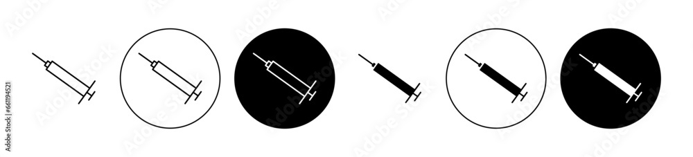 Insulin injecting icon set. Vaccine injection syringe vector symbol. Inject flu shot vector sign. Diabetes injection vector symbol in black filled and outlined style. - obrazy, fototapety, plakaty 