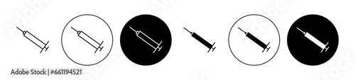 Insulin injecting icon set. Vaccine injection syringe vector symbol. Inject flu shot vector sign. Diabetes injection vector symbol in black filled and outlined style.