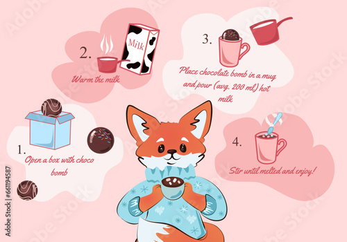 Cocoa chocolate bomb preaparetion. Chocolate bomb infographic instruction. Vector illustration