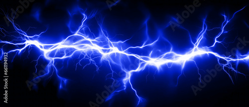 Blue glowing powerful electric lightning, panoramic backdrop. Generative Ai