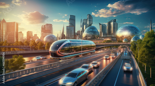 Futuristic Cityscape with Autonomous Vehicles