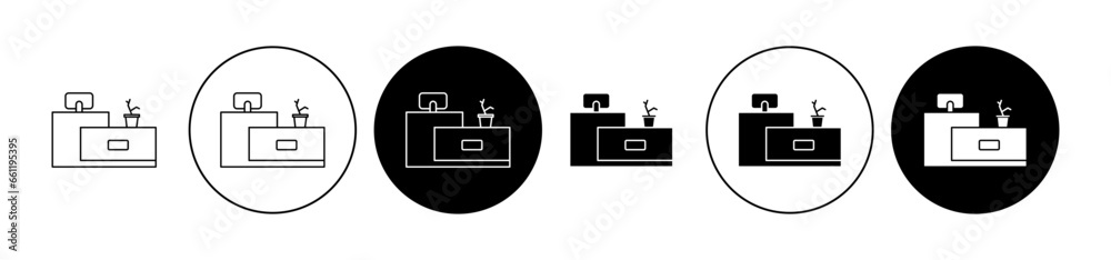 Cashier table icon set. Receipt counter vector symbol. Cash desk vector sign in black filled and outlined style for ui designs.