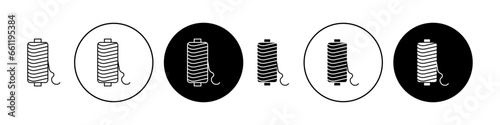 Spool of thread icon set. Tailor cotton sewing cone and needle vector symbol. Nylon wire yarn reel vector sign in black filled and outlined style for ui designs. photo
