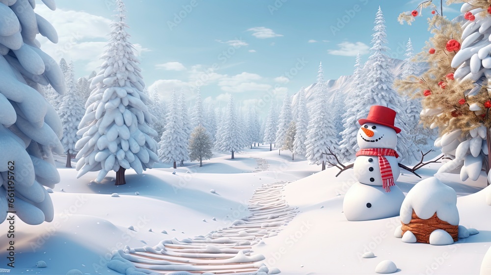 Craft a scene featuring a snowman surrounded by a snowy landscape on a white background, generative ai