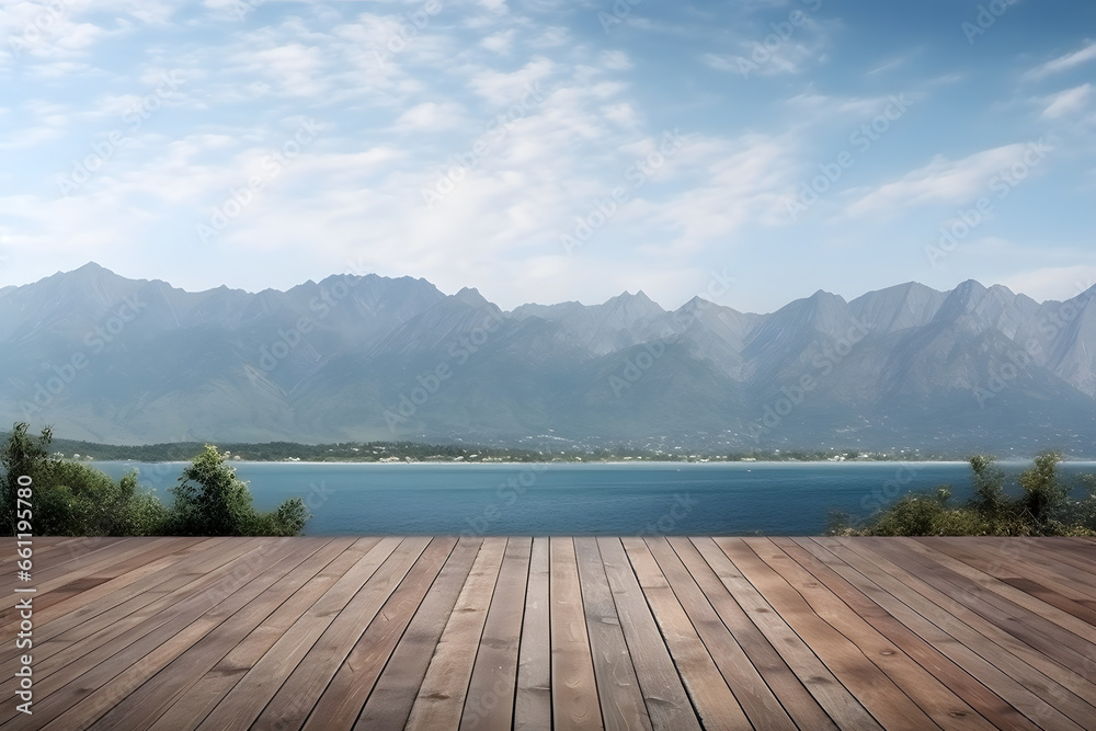 Hintergrund mit Berge, See und hölzerne Oberfläche für Produktplatzierungen