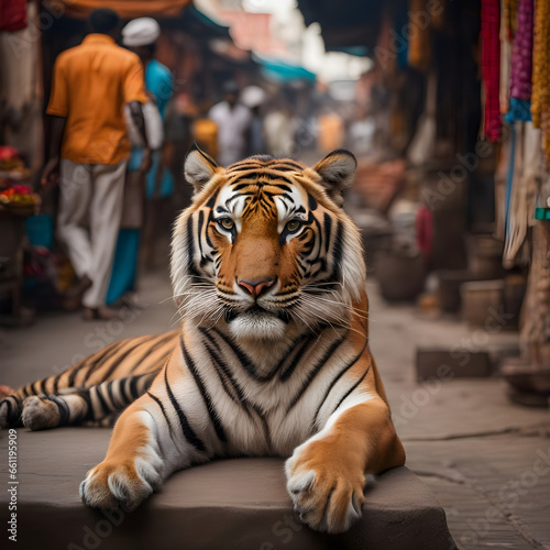 Capturing the Urban Jungle: Majestic Tiger Takes a Pause Amidst Bustling Market Streets