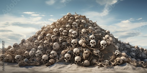 Massive mound of skulls set against the backdrop of a war-ravaged landscape , concept of Devastating aftermath