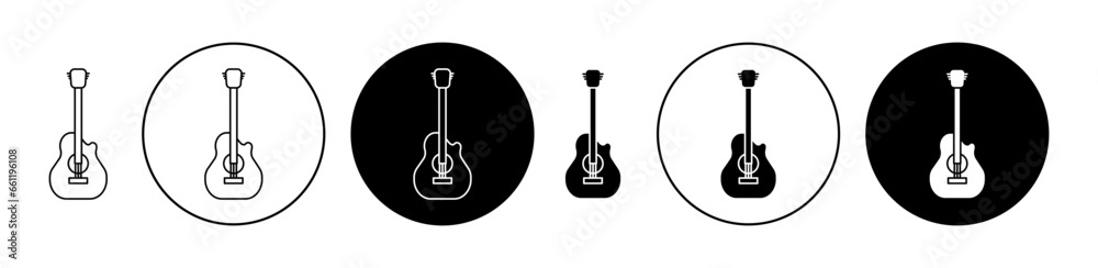 Acoustic guitar icon set in black filled and outlined style. Concert music guitar vector symbol for ui designs. - obrazy, fototapety, plakaty 