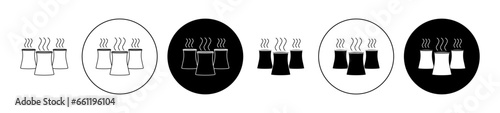 Cooling tower icon set in black filled and outlined style. Thermal nuclear power plant tower vector symbol. Nuclear reactor station steam chimney vector sign for ui designs.