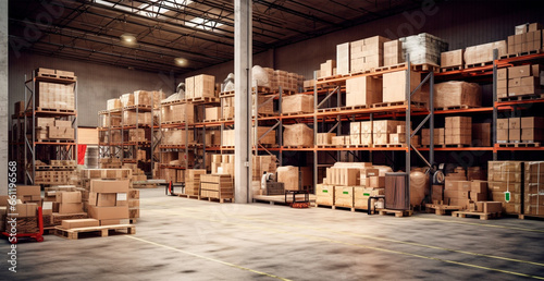 Large industrial warehouse with high racks, business logistics industry AI generated image